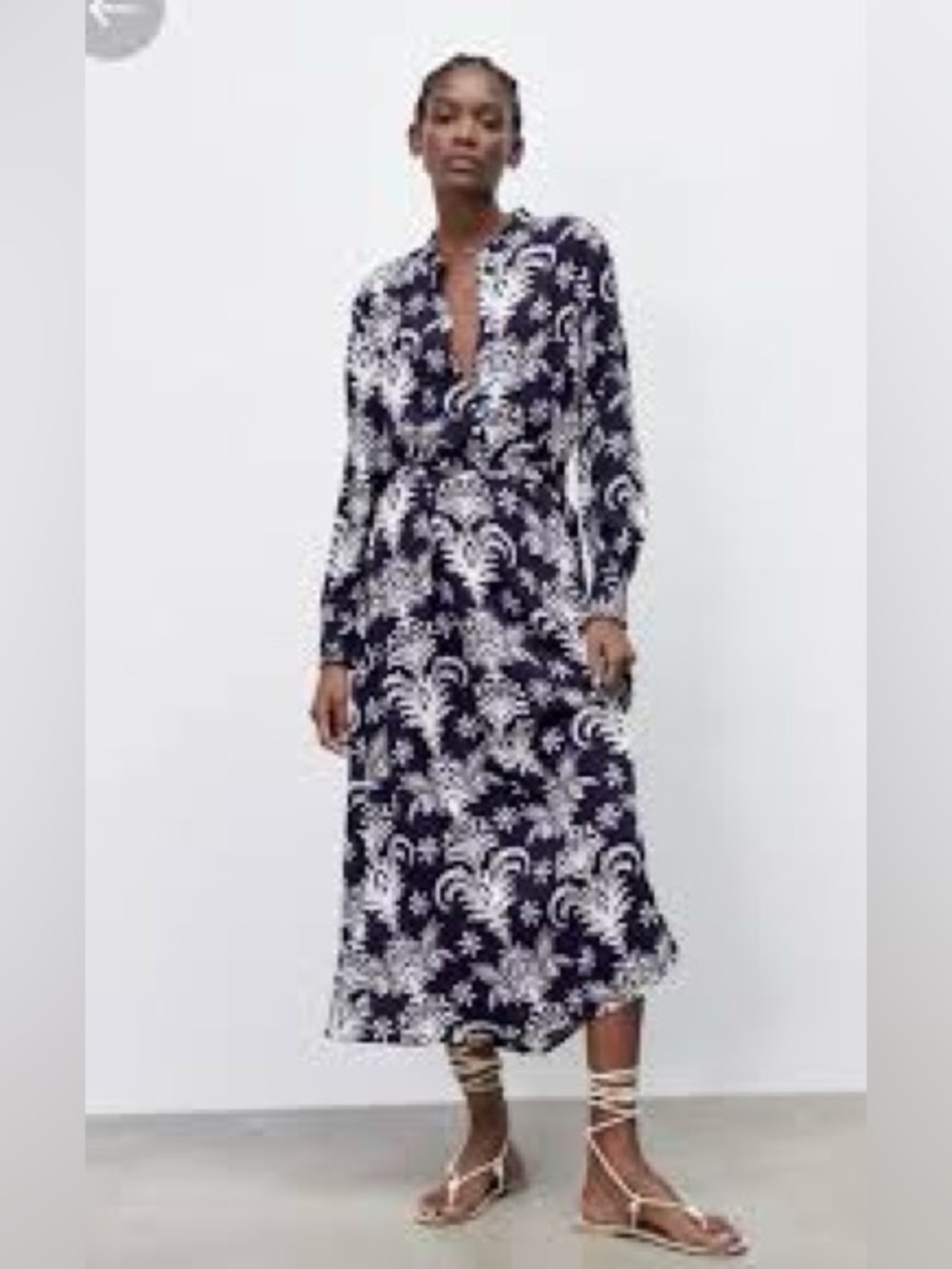Zara Navy and White Floral Wrap Maxi Dress